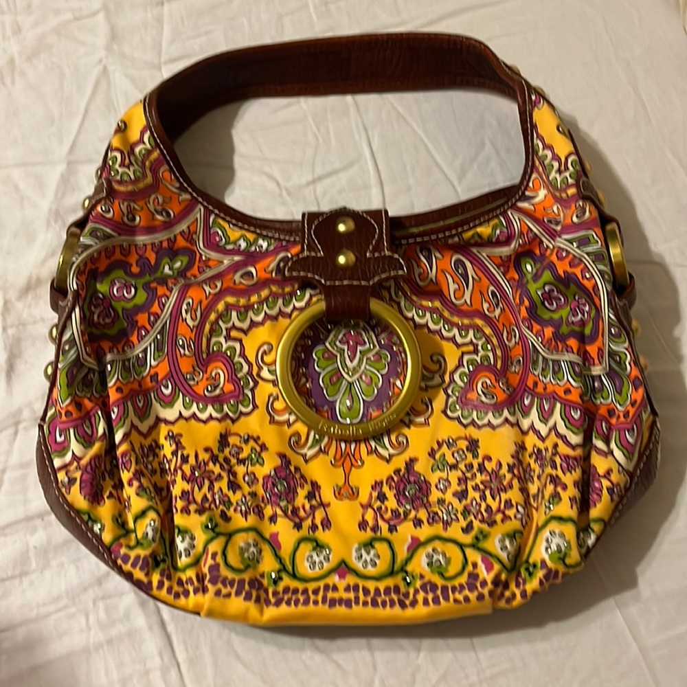 Isabella Fiore Cheerful Fabric and Leather Brass Studded Baguette Shoulder Bag